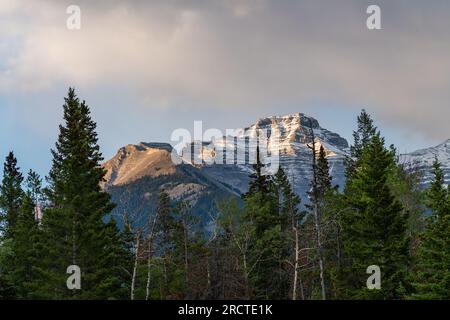 Vista estiva nel Banff National Park durante il mese di luglio con un meraviglioso cielo blu, un bellissimo paesaggio diurno in campeggio, area campeggio dell'Alberta. Foto Stock