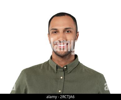 Ritratto di uomo bello Ritratto di uomo bello con occhiali isolati su bianco isolati su bianco Foto Stock