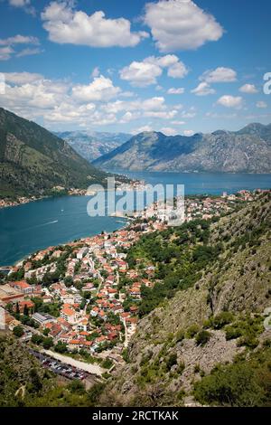 Kotor è una città costiera del Montenegro. L'antico porto mediterraneo di Cattaro è circondato da fortificazioni costruite durante il periodo veneziano. Foto Stock