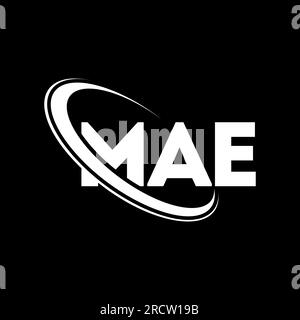 Logo MAE. Lettera MAE. Logo MAE Letter. Iniziali logo MAE associato a un logo circolare e un monogramma maiuscolo. MAE tipografia per tecnologia, affari Illustrazione Vettoriale