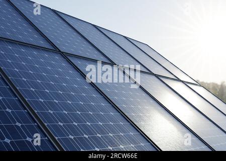 Centrale solare contro il sorgere del sole, focalizzazione selettiva sul primo pannello solare. Concetto di energia alternativa, rendering 3D Foto Stock