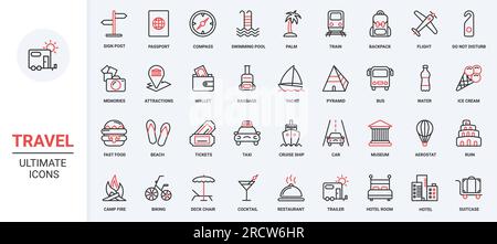 Passaporto internazionale per crociere turistiche, piscina sulla spiaggia e valigia, biglietti per musei, attrazioni architettoniche, macchina fotografica e mappa. Le icone rosse nere a linee sottili di tendenza per i viaggi rappresentano un'illustrazione vettoriale. Illustrazione Vettoriale