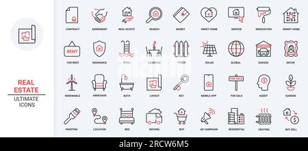 Illustrazione vettoriale icone rosse nere a linea sottile set immobiliare, tra cui affitto, vendita, contratto di mutuo immobiliare, casa di famiglia appartamento, garage Illustrazione Vettoriale