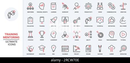 Crescita della carriera, organizzazione e consulenza in officina, consulenza, valutazione e comunicazione con l'insegnante. Mentoring, formazione per i team aziendali, icone rosse nere e di tendenza con linee sottili, illustrazioni vettoriali Illustrazione Vettoriale