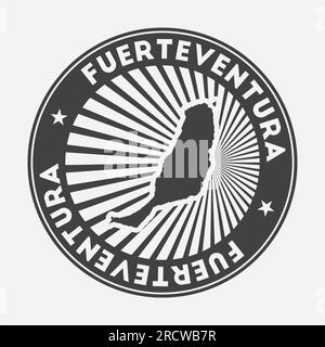 Logo rotondo Fuerteventura. Distintivo di viaggio vintage con il nome circolare e la mappa dell'isola, illustrazione vettoriale. Può essere utilizzato come insegna, logotipo, etichetta Illustrazione Vettoriale