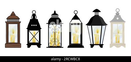 Lanterne vintage in stile vecchio stile con candele di diversi colori e stile Illustrazione Vettoriale