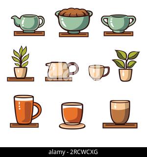 Grande set di oggetti correlati al caffè e icone delle piante. Set di icone colorate per caffè e bevande. Illustrazione Vettoriale