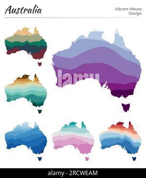 Serie di mappe vettoriali dell'Australia. Design delle onde vibranti. Mappa luminosa del paese in stile geometrico con curve morbide. Mappa multicolore dell'Australia per il tuo des Illustrazione Vettoriale