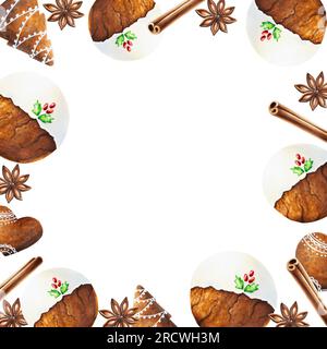 Cornice natalizia ad acquerello con biscotti croccanti di pan di zenzero con glassa, cannella e stelle di anice. Capodanno dipingendo a mano spezie isolate su fondo bianco Foto Stock