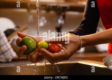 Sezione centrale di donna birazziale che indossa grembiule che lavano limoni in cucina Foto Stock