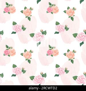 Motivo floreale ad acquerello senza cuciture: Elementi rosa con fiori blush, rami di foglie verdi con spruzzi di acquerello rosa su sfondo bianco. per gli avvolgitori, Foto Stock