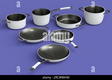 Set di pentola volante in acciaio inox, padella e pentole in alluminio cromato su sfondo viola. 3d render di utensili da cucina antiaderenti Foto Stock