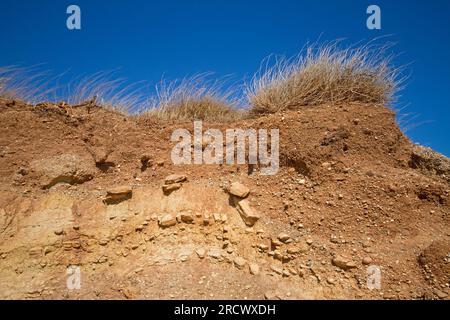 Profilo roccioso del suolo sotto la prateria sull'isola greca di Creta sotto un cielo blu Foto Stock