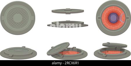 Tombino fognario. Tombino in acciaio rotondo aperto e chiuso per illustrazioni di cartoni animati vettoriali per strade urbane Illustrazione Vettoriale