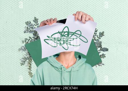 Collage modello foto artwork bisogno di aiuto problemi mentali salute disordine psicologico anonim donna scribble isolato su sfondo verde Foto Stock