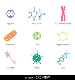 Icona della biologia. Acido urico, batteri, cellule, neuroni, virus, DNA, riproduzione e simbolo zigote. Risorse biologiche per insegnanti e studenti. Illustrazione Vettoriale