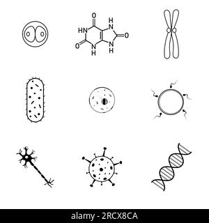 Icona della biologia. Acido urico, batteri, cellule, neuroni, virus, DNA, riproduzione e simbolo zigote. Risorse biologiche per insegnanti e studenti. Illustrazione Vettoriale