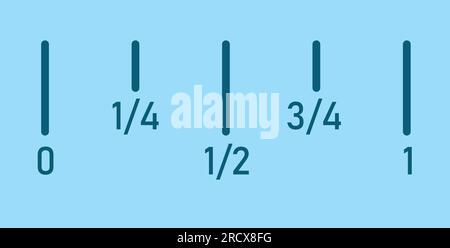 Linea numero frazione in matematica. Dividere da 0 a 1 in 4 parti uguali. Illustrazione vettoriale isolata su sfondo blu. Illustrazione Vettoriale