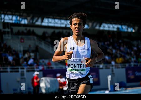 Il belga Noah Konteh è stato fotografato in azione durante la quarta e ultima giornata dei Campionati europei di atletica leggera U23, domenica 16 luglio 2023 a Espoo, in Finlandia. I campionati europei si svolgono dal 13 al 17 luglio. BELGA FOTO THOMAS WINDESTAM Foto Stock