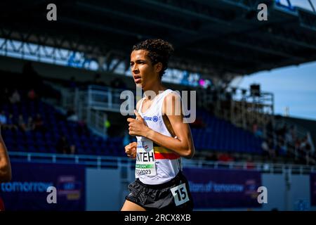 Il belga Noah Konteh è stato fotografato in azione durante la quarta e ultima giornata dei Campionati europei di atletica leggera U23, domenica 16 luglio 2023 a Espoo, in Finlandia. I campionati europei si svolgono dal 13 al 17 luglio. BELGA FOTO THOMAS WINDESTAM Foto Stock