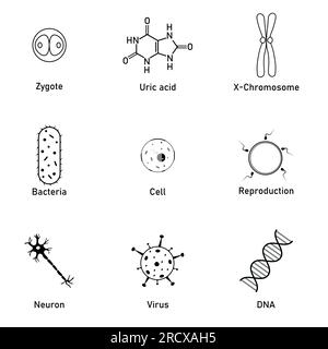 Icona della biologia. Acido urico, batteri, cellule, neuroni, virus, DNA, riproduzione e simbolo zigote. Risorse biologiche per insegnanti e studenti. Illustrazione Vettoriale