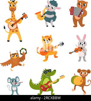 Musicisti Cartoon Animals, che eseguono animali con strumenti musicali. Giraffa isolata, coccodrillo e orso suonano musica, personaggi vettoriali di classe Illustrazione Vettoriale