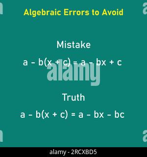 Errori matematici problemi e soluzioni. Errori di algebra da evitare in matematica. Errori comuni in matematica. Errori comuni di algebra con la risoluzione. Illustrazione Vettoriale