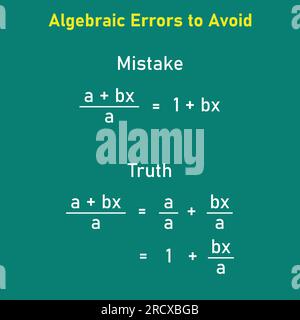 Errori matematici problemi e soluzioni. Errori di algebra da evitare in matematica. Errori comuni in matematica. Errori comuni di algebra con la risoluzione. Illustrazione Vettoriale