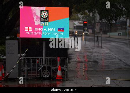 Una visione generale della segnaletica che promuove la partita dell'Inghilterra contro Haiti a Brisbane, in Australia, in vista della Coppa del mondo femminile FIFA 2023 che inizia il 20 luglio, ospitata congiuntamente da Australia e nuova Zelanda. Data immagine: Lunedì 17 luglio 2023. Guarda la storia della PA SOCCER World Cup Women. Il credito fotografico dovrebbe essere: Zac Goodwin/PA Wire. RESTRIZIONI: L'uso è soggetto a restrizioni. Solo per uso editoriale, nessun uso commerciale senza previo consenso del titolare dei diritti. Foto Stock