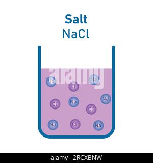 Soluzione salina (NaCl). Dissociazione elettrolitica. Illustrazione vettoriale scientifica isolata su sfondo bianco. Illustrazione Vettoriale