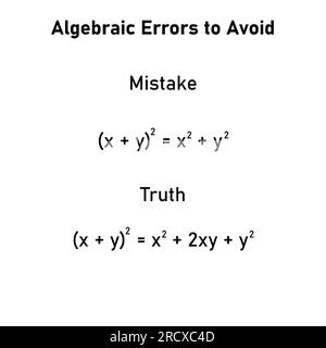 Errori matematici problemi e soluzioni. Errori di algebra da evitare in matematica. Errori comuni in matematica. Errori comuni di algebra con la risoluzione. Illustrazione Vettoriale