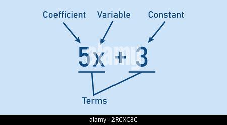 Espressioni algebriche parti in matematica. Coefficiente, variabile, costante e termini. Parti di un'espressione. Risorse matematiche per gli insegnanti. Illustrazione Vettoriale