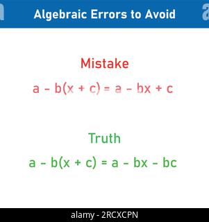 Errori matematici problemi e soluzioni. Errori di algebra da evitare in matematica. Errori comuni in matematica. Errori comuni di algebra con la risoluzione. Illustrazione Vettoriale