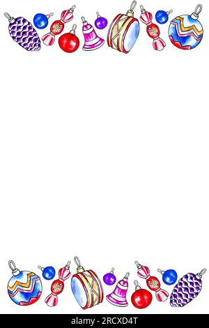 cornice verticale ad acquerello con elementi festivi, illustrazione rotonda disegnata a mano con giocattoli colorati dell'albero di natale, campana, set, tamburo per capodanno, battesimo Foto Stock