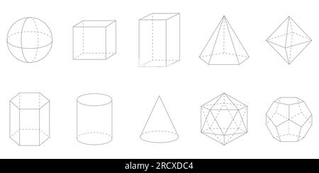 Forme geometriche 3D. Square, Cube, Cuboid, Pentagonal Pyramid, Octahedron, Forme a prisma esagonale, cilindro, cono, Icosaedro e dodecaedro. Illustrazione Vettoriale