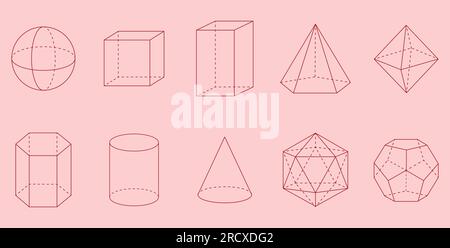 Forme geometriche 3D. Square, Cube, Cuboid, Pentagonal Pyramid, Octahedron, Forme a prisma esagonale, cilindro, cono, Icosaedro e dodecaedro. Illustrazione Vettoriale