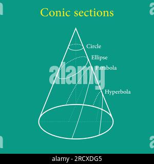 Tipi di sezioni coniche. Circle, Ellipse, Parabola e Hyperbola. Illustrazione vettoriale isolata sulla lavagna. Illustrazione Vettoriale