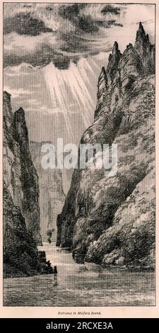 Incisione dell'ingresso a Milford Sound, nuova Zelanda, circa 1880 Foto Stock