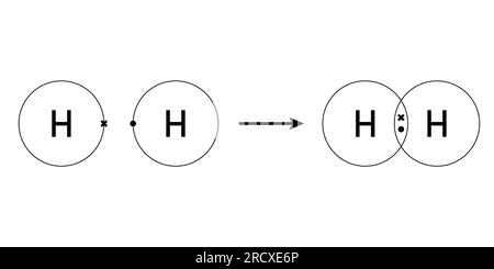 Legame covalente della molecola di idrogeno. Due atomi di idrogeno e molecola di idrogeno. Illustrazione vettoriale isolata su sfondo bianco. Illustrazione Vettoriale
