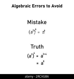 Errori matematici problemi e soluzioni. Errori di algebra da evitare in matematica. Errori comuni in matematica. Errori comuni di algebra con la risoluzione. Illustrazione Vettoriale