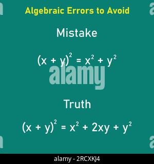 Errori matematici problemi e soluzioni. Errori di algebra da evitare in matematica. Errori comuni in matematica. Errori comuni di algebra con la risoluzione. Illustrazione Vettoriale