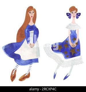 Un paio di ragazze acquerelli in abiti blu. Illustrazione isolata. Clipart. Illustrazione raster per imballaggio, biglietti d'auguri e carta da imballaggio, regali, Foto Stock