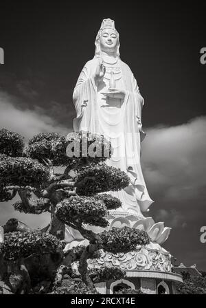 Un albero bonsai e la statua di Avalokitesvara Bodhisattva nella pagoda buddista Ling Ung Bai Buc a Son tra, Danang, Vietnam. La pagoda è stata costruita tra Foto Stock