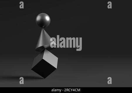 Forme geometriche metalliche nere bilanciate l'una sull'altra. Cubo, cono e sfera su sfondo nero. Illustrazione 3D astratta. Foto Stock