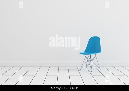 Moderna sedia in plastica blu con gambe in metallo in una stanza interna con pareti bianche e pavimenti in legno bianco. Oggetto interno di design. Rendering 3D. Foto Stock