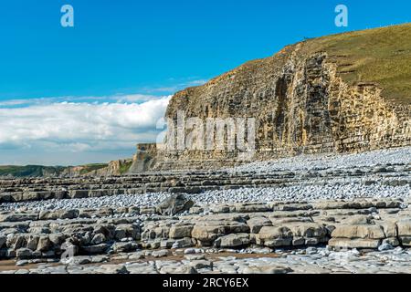 Monknash Beach con scogliere sulla destra nel periodo estivo di agosto sulla Glamorgan Heritage Coast nel Galles del Sud Foto Stock