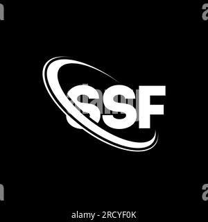 Logo SSF. Lettera SSF. Logo SSF Letter. Logo SSF iniziali associato a un logo con cerchio e monogramma maiuscolo. Tipografia SSF per la tecnologia e le attività commerciali Illustrazione Vettoriale