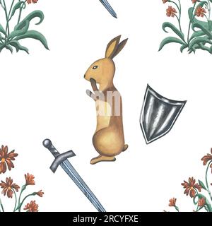 Illustrazione ad acquerello in stile medievale. Coniglio, fiori, spada e scudo sono fatti a mano su sfondo bianco Foto Stock