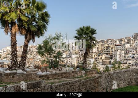 Cimitero musulmano e vista del distretto di Jessrin, Libano settentrionale, Tripoli, Libano Foto Stock