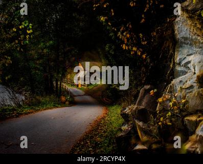 Una strada solitaria vicino alle rocce e una piccola casa in legno. Lontano tra le montagne in campagna. Un posto favoloso all'ombra di alberi e montagne. Foto Stock